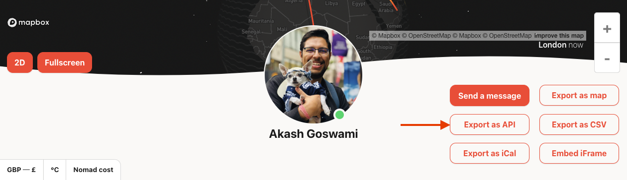 Export as API option pointed to on profile page