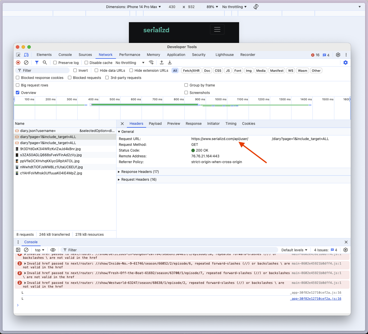 Screenshot of the chrome dev tools network panel, displaying the request URL made when the diary page is loaded