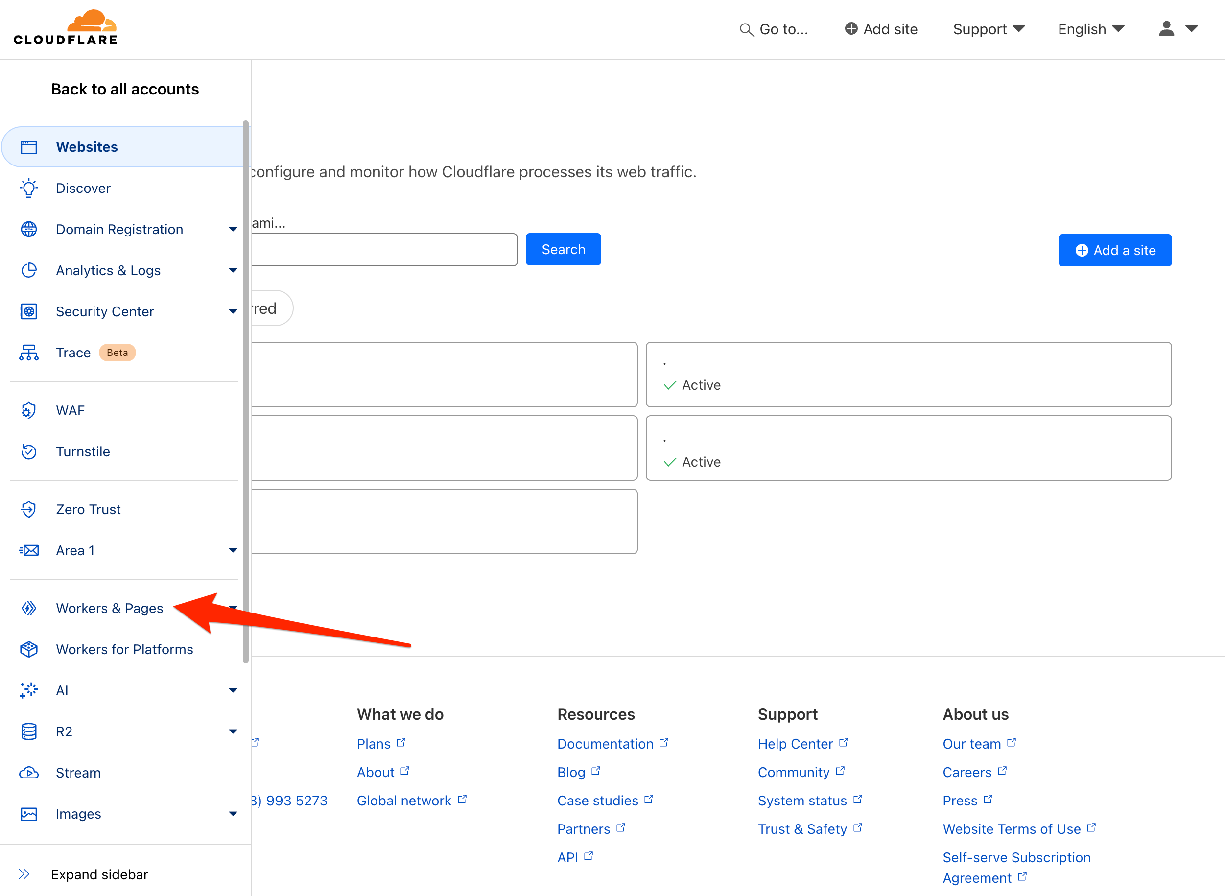 Cloudflare sidebar with an arrow pointing to the Workers &amp; Pages section