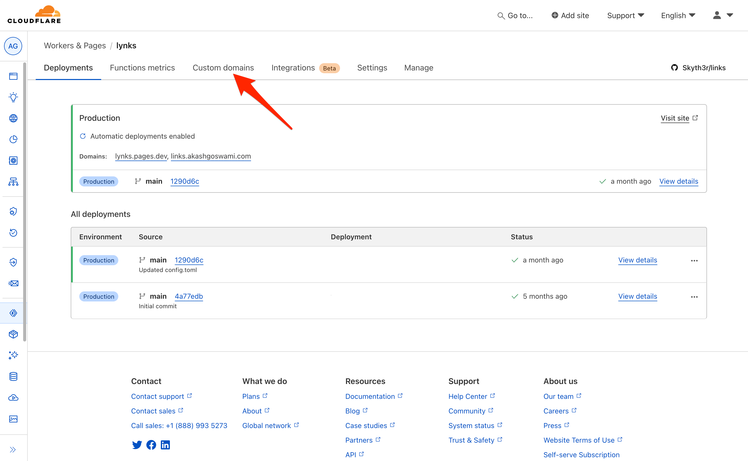 Custom domains menu item